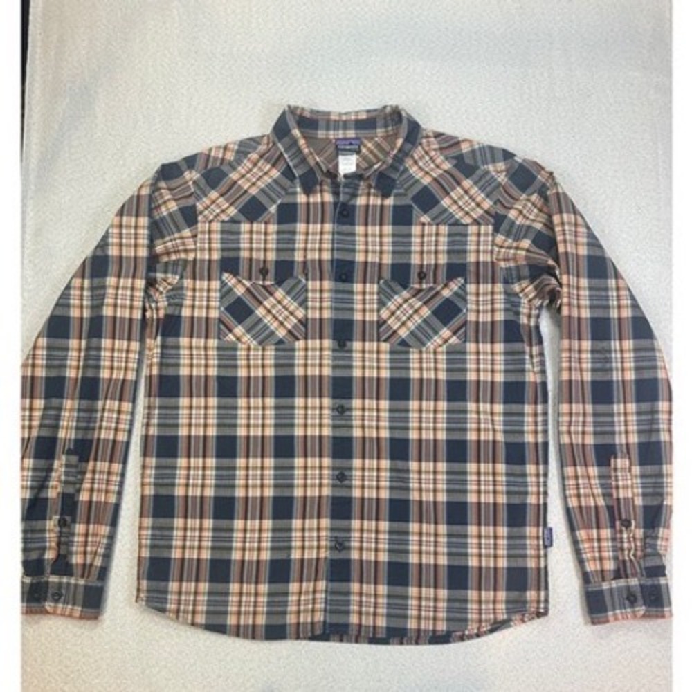 Patagonia Western Shirt Mens M Blue Orange Organic Cotton Ripstop Plaid Flawed